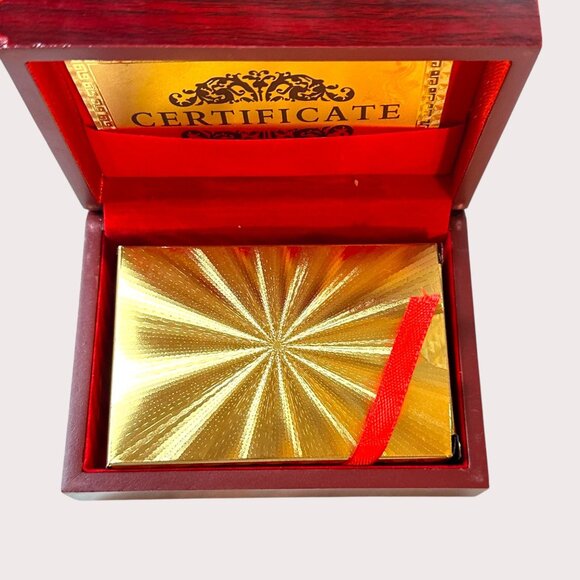 999.9 Gold Foil Playing Cards With Certificate In Red Wood Box - Picture 3 of 13